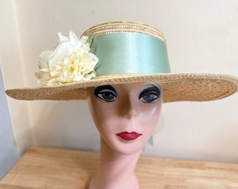 Italian Wheat Straw Boater Hat With Handmade Silk Roses & Satin Ribbon Band / Special Occasion Hat / Vintage Inspired Large Brim Summer Hat