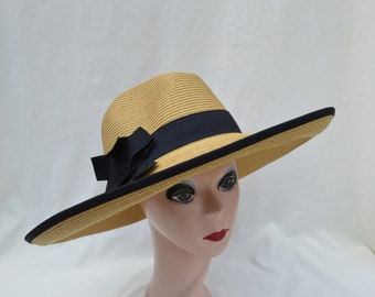 Large Brim Sun Hat /  5 Inch Brim Tan Sun Hat / Medium - Extra Large Head Size Available / Black Ribbon Trim / Great UV Protection