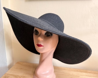 6 Inch Brim Black Sun Hat / Large Sloping Flat Brim Summer Hat / Black Event Hat /  Fashion Sun Hat / UV Protection