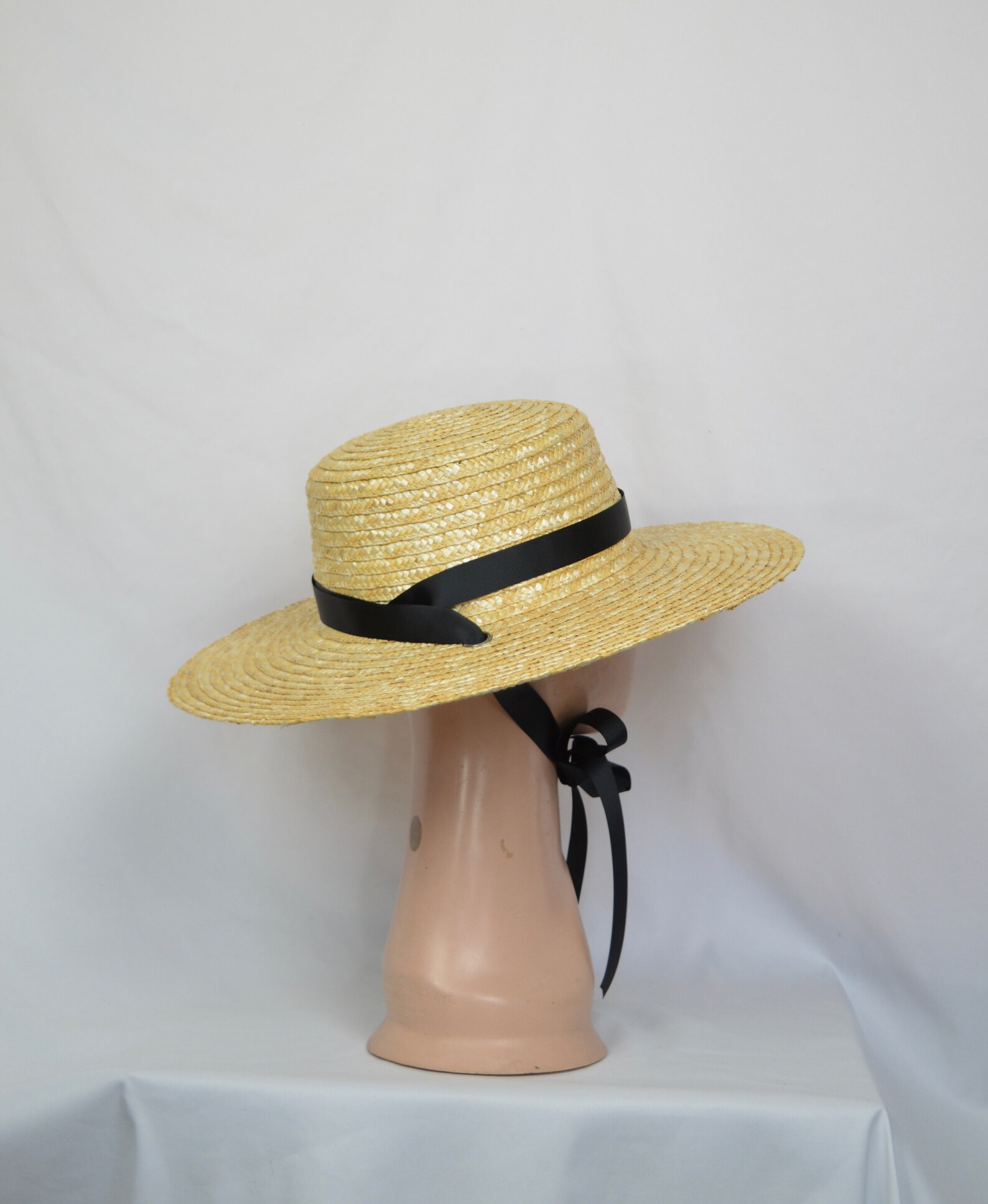 4 Inch Natural Straw Boater Hat With Removable Black Ribbon Band and