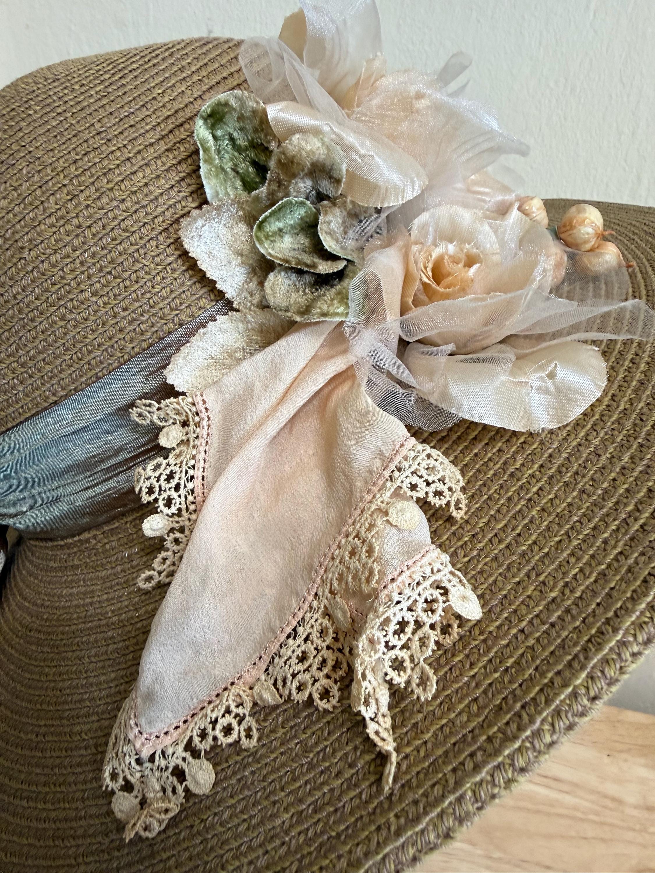 Beige Floral Lace Sun Hat with Brown Accent Floral crown beige burned suede wide brim rancher hat  main image 2