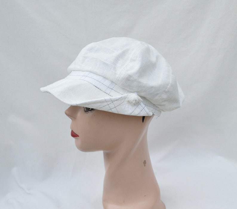 White Vintage Inspired Fabric Cap Handmade Retro Inspired Boating Cap Cotton Side Up Brim Cap