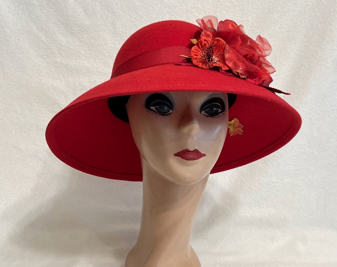 Red Wool Felt Lampshade Hat With Red Silk Roses / 4 Inch Brim Felt