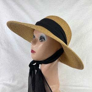 Wheat Color 4 Inch Downturn Brim Straw Hat With Changeable Scarf Trim / Sun Hat With Chin Tie / Straw Lg Brim Beach Hat / Retro Sun Hat image 5