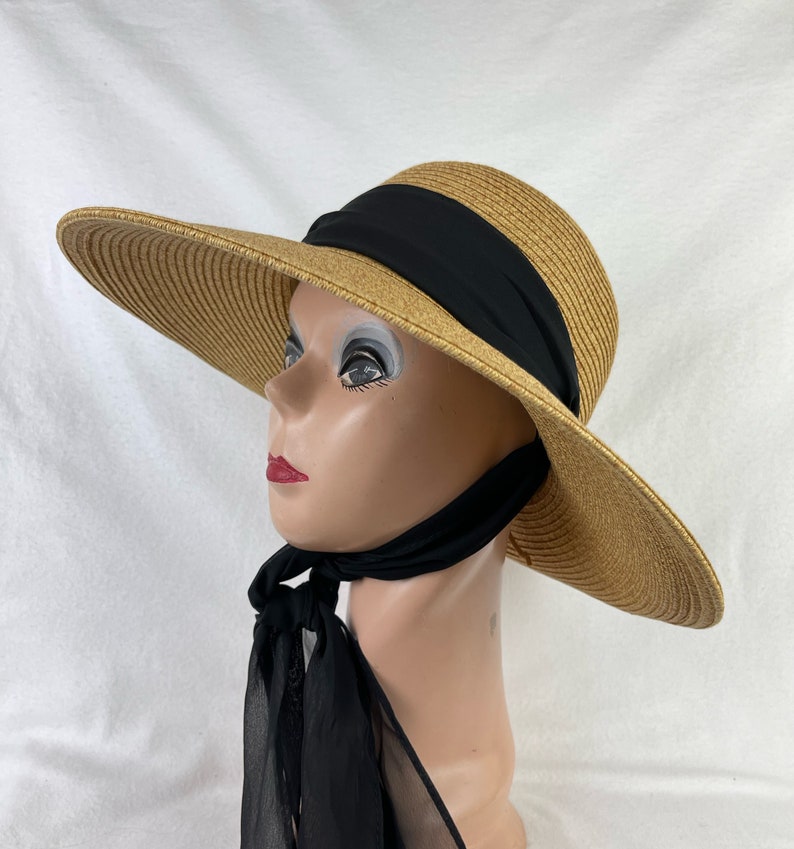 Wheat Color 4 Inch Downturn Brim Straw Hat With Changeable Scarf Trim / Sun Hat With Chin Tie / Straw Lg Brim Beach Hat / Retro Sun Hat image 5