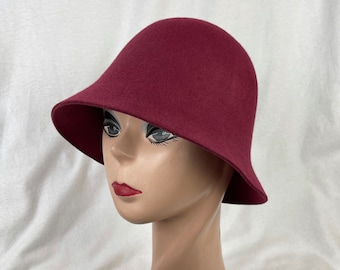XLG Head Size Maroon Wool Felt downturned Slight Flared Brim Cloche Hat With Stitched Edge / 1920's Style Cloche/ Downton Abbey
