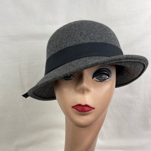 Gray Felt Cloche Hat With Turned Up Slanted Brim And Black Ribbon Band / Vintage Inspired Gray Felt Cloche Hat / Downton Abbey Cloche Hat image 8