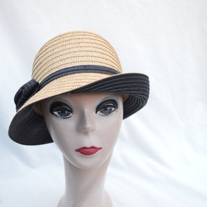 Tan/Black Cloche Hat With Bow / Vintage Inspired Downton Abbey Cloche Hat / Tan/Black Straw Cloche Hat With Rolled Brim And Bow image 1