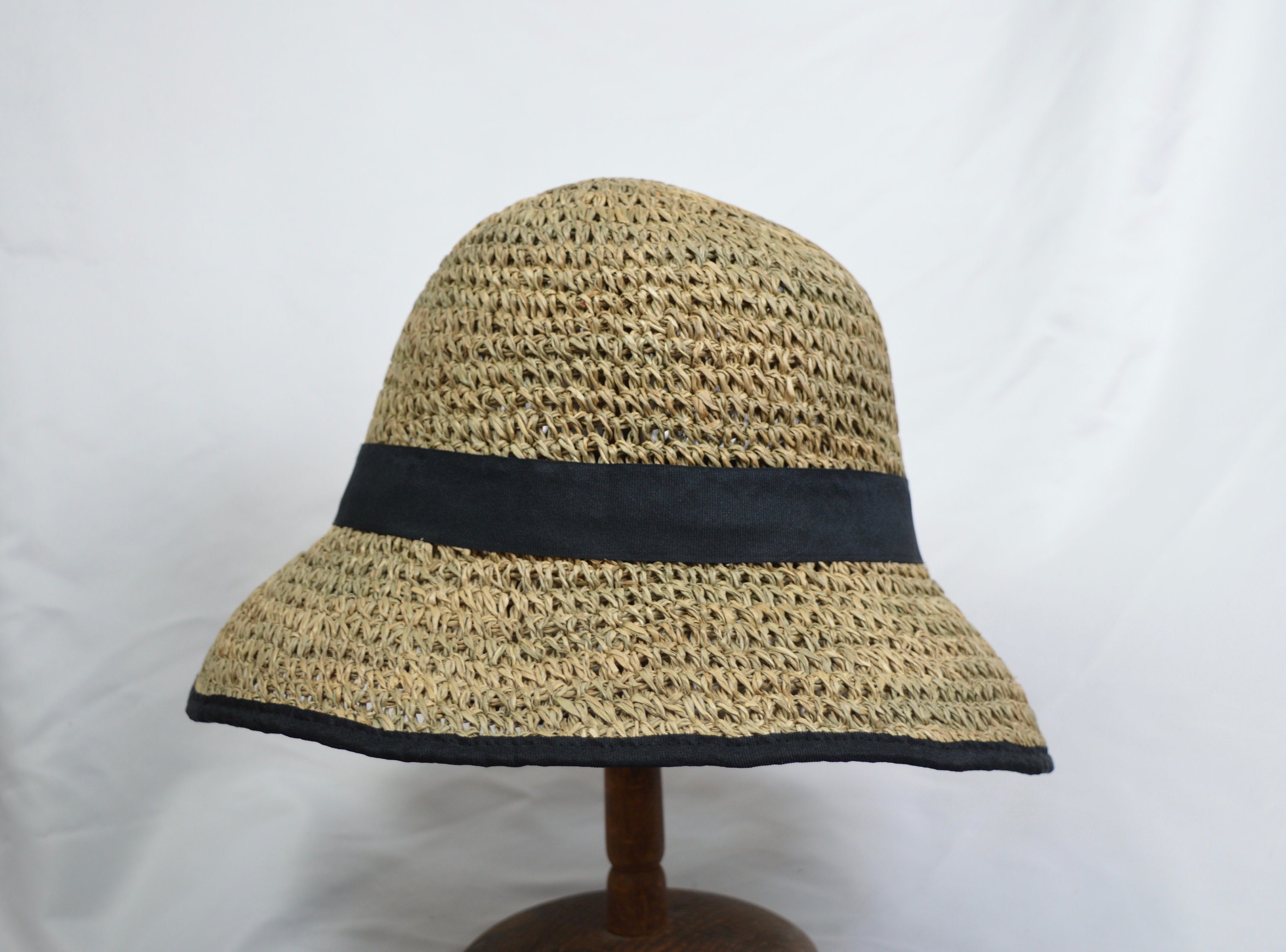 100% Linen Cloche Bucket Sun Hat Black Leather Cord Trim Tan Woven One Size VG Vera Cloche Packable Women main image 3
