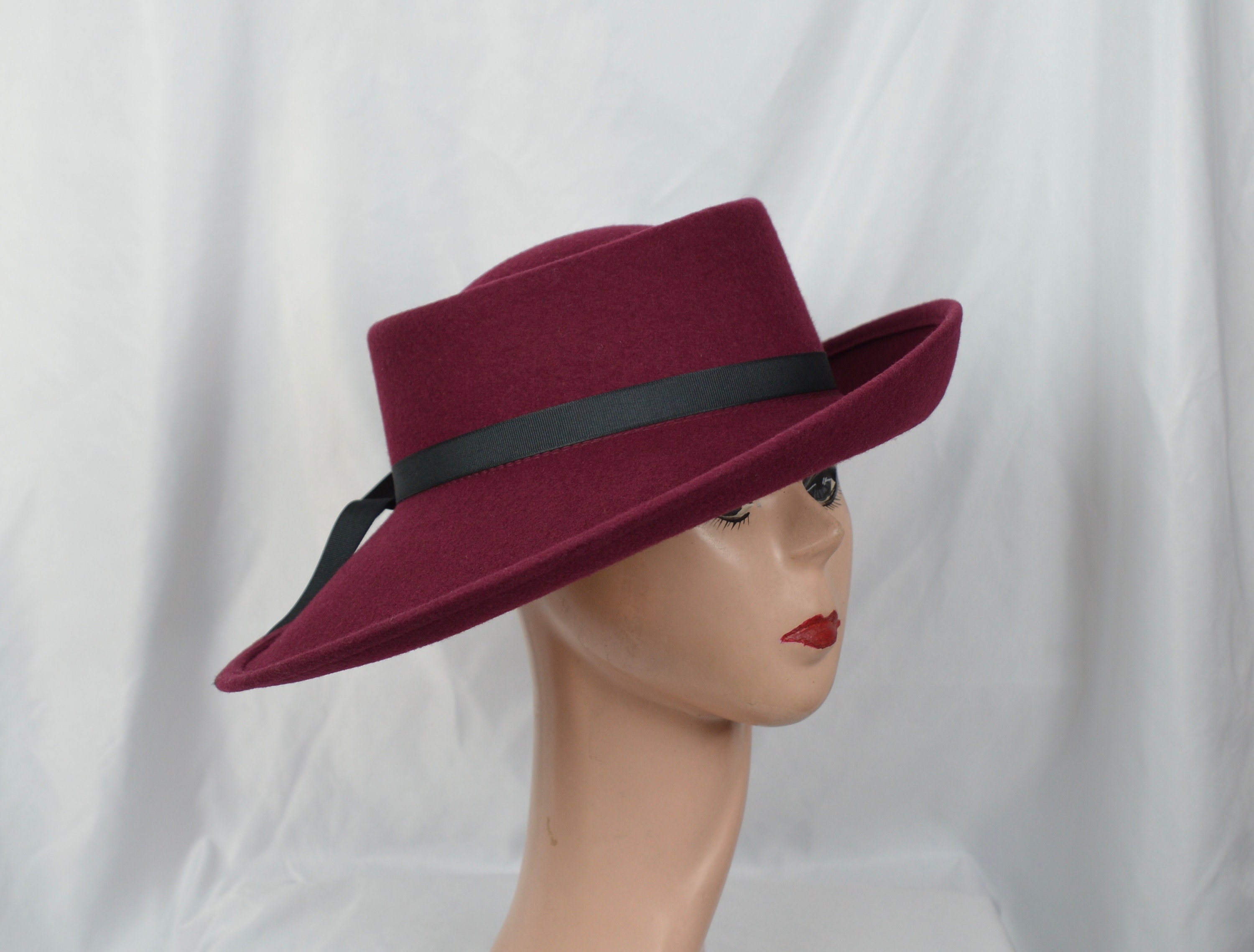 Burgundy Wine Color Large Brim Wool Felt Hat / Side Rolled