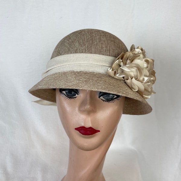 Tan Linen Cloche hat With Satin Flowers / Deco Inspired Flower Trimmed Cloche Hat / Downton Abby Cloche Hat