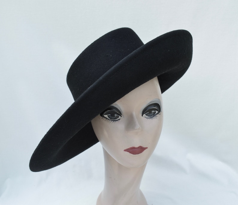 Black Large Brim Wool Felt Hat /Black Felt Side Rolled Brim Telescope Hat / Millinery / Felt Telescope Brim Hat image 2