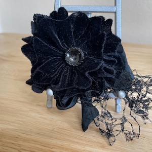 Handmade Black Velvet Rose Clip With Black Silk Ribbon And Netting  / Vintage Flower Pin Or Clip / One Of A kind Hat Clip / Free US Shipping