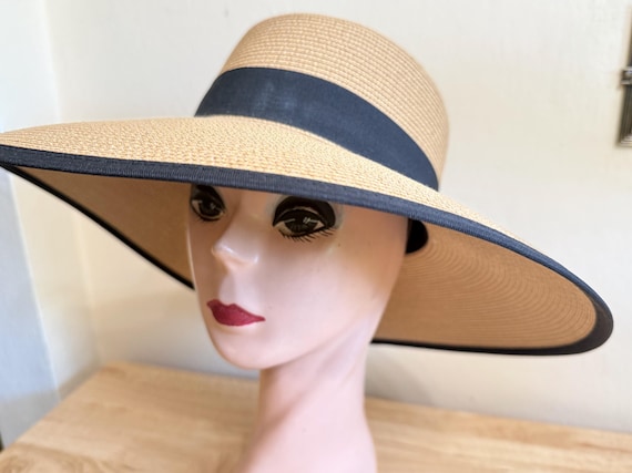 Wide Brim Straw Sun Hat: Downturn Brim, Black Ribbon - Etsy display picture 2