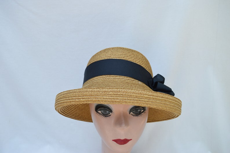 Tan Tweed Straw Kettle Brim Hat With Black Silk Ribbon Bow Trim Women/'s 2 Inch Brim Sun Hat Retro Style Straw Kettle Brim Hat