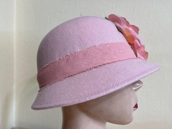 Vintage Pink 100% Felt Mohair Grosgrain Ribbon Wedding Church Cloche Hat S Pink Felt Cloche Hat: Vintage 1920s Style With Silk Roses - Etsy main image 4