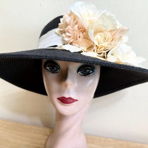 Tuscany Wide Brim Church Derby Dress Hat Black White Flower Bow Ribbon Black White Wide Brim Kentucky Derby or Ascot Hat Floral  main image 4