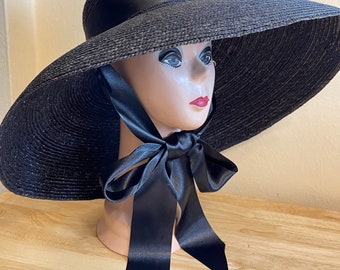 Black Natural Milan Wheat Straw 8 Inch Bell Shaped Crown Hat With Satin Ribbon Under Chin Tie / Audrey Hepburn Hat / Limited Edition Hat