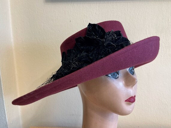Jacqueline Ferrar Burgundy Wool Felt  Hat with Black Floral Band/Flower Jacqueline Ferrar Burgundy Wool Felt Hat with Black Floral  main image 3