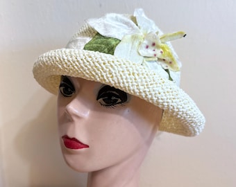 Cream Straw Cloche Hat: Vintage Velvet Flower Trim, Adjustable Grosgrain Tie