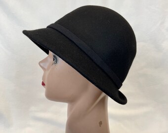 Vintage Inspired Black Wool Felt Cloche Hat With Flower Finland