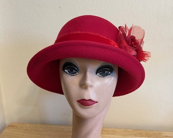 Red Wool Felt Cloche Hat: Vintage 1920s Style, Silk Rose