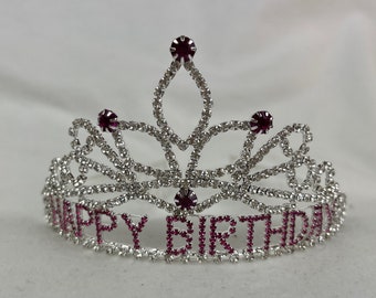 Happy Birthday Silver And Hot Pink Rhinestone Tiara / Birthday Girl Tiara / Birthday Tiara