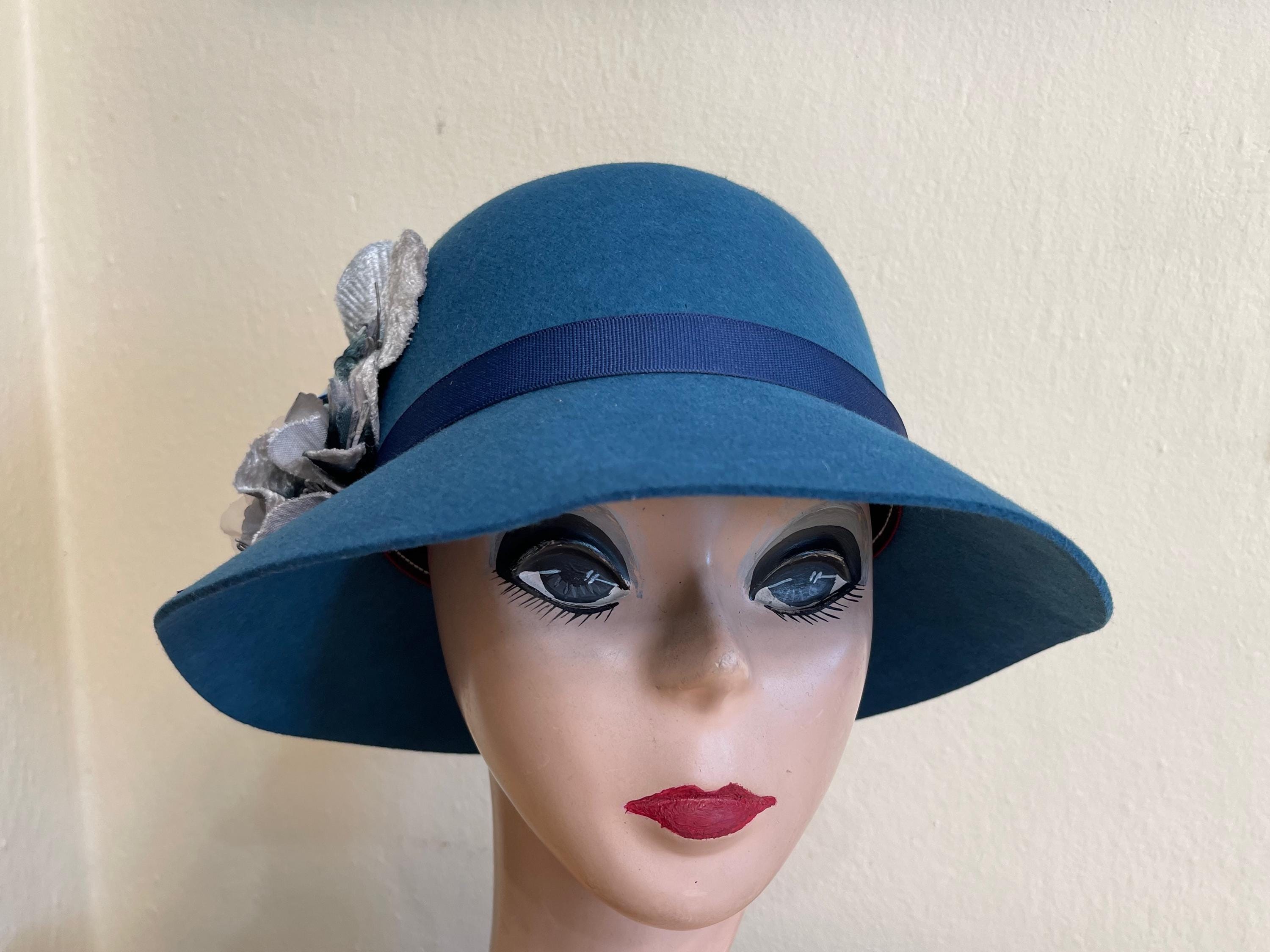 Teal Wool Felt Cloche Hat: Vintage Silk Velvet Trim - Etsy display picture 1