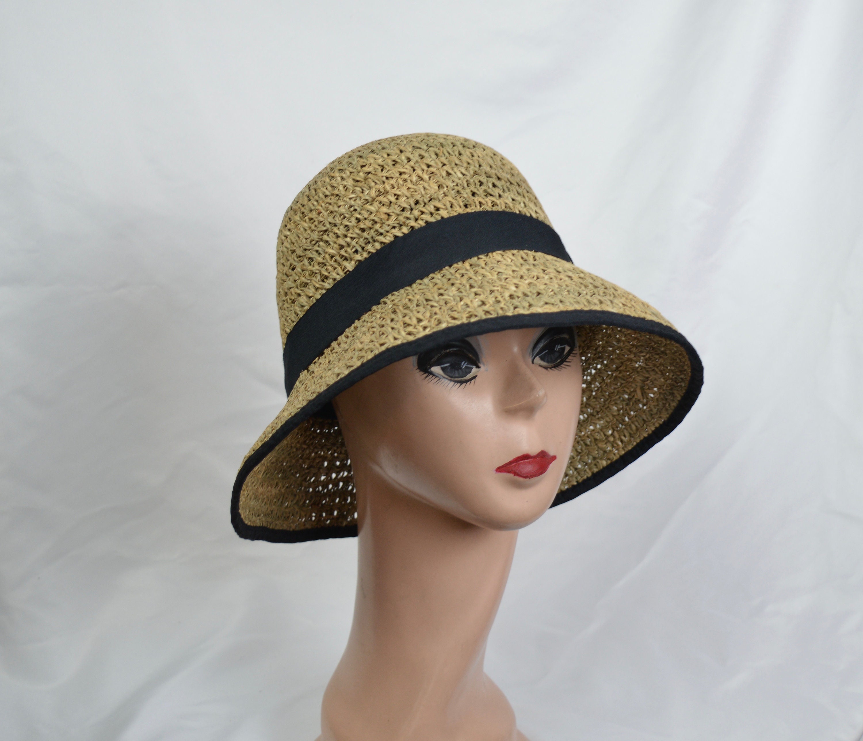 100% Linen Cloche Bucket Sun Hat Black Leather Cord Trim Tan Woven One Size VG Vera Cloche Packable Women main image 4