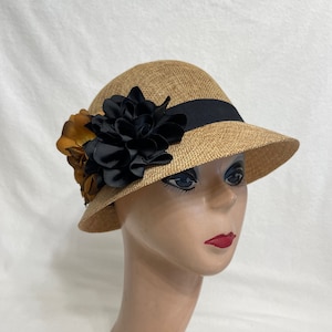 Brown Linen Cloche Hat With Flower Trim / Vintage Inspired Downton Abbey Style Cloche Hat / 1920&#39;s Style Flapper Cloche Hat