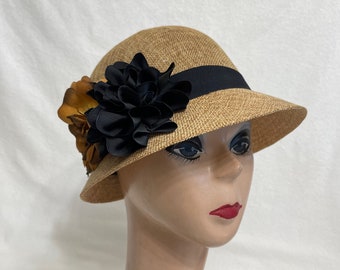 Brown Linen Cloche Hat With Flower Trim / Vintage Inspired Downton Abbey Style Cloche Hat / 1920's Style Flapper Cloche Hat