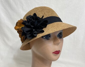 Brown Linen Cloche Hat With Silk Rose and Organza Ribbon / Vintage