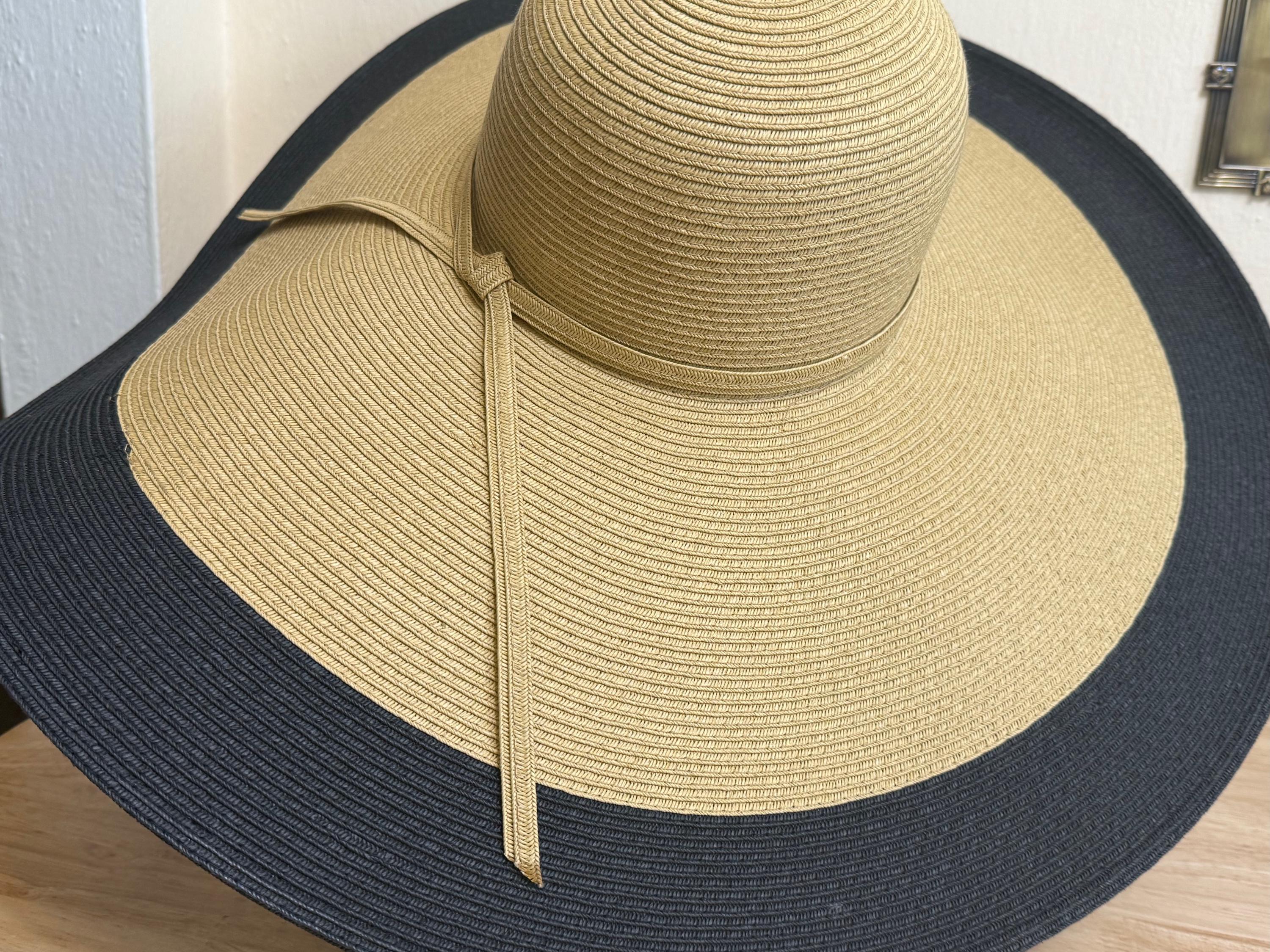 Tan and Black Wide Brim Straw Sun Hat Flat Tan Wide Brim Sun Hat With Black Ribbon Trim at Amazon  main image 3