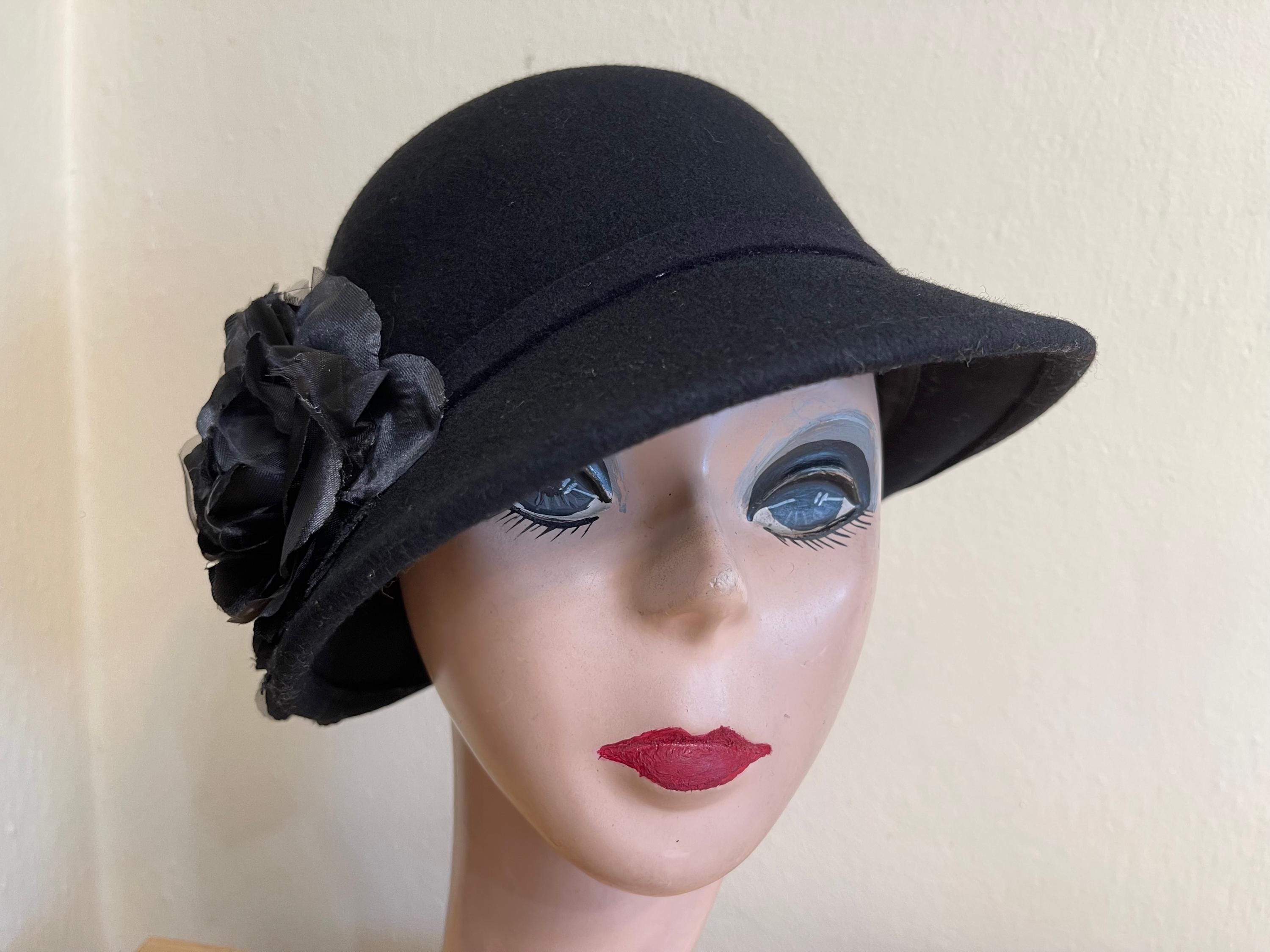 Black Wool Felt Cloche Hat: Downton Abbey Style, Silk Roses 