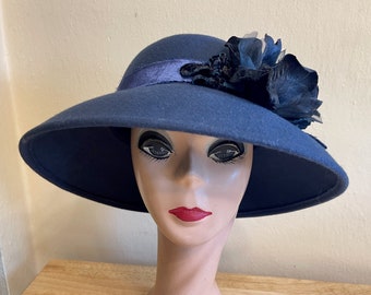 Navy Blue Wool Felt 4 Inch Brim Lampshade Hat With Vintage Trim / Retro Navy Felt Lampshade Hat / Vintage Inspired Hat / Winter Felt Hat