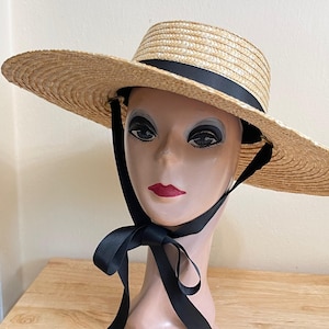 5 Inch Brim Natural Straw Boater Hat With Black Ribbon Band And Tie /  Classic Large Brim Boater Hat / Natural Wheat Straw Boater Hat