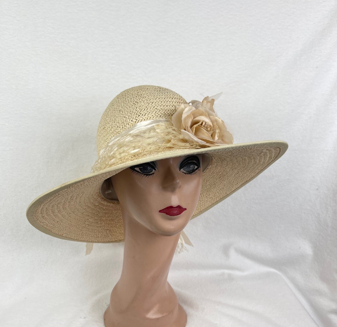 4 Inch Large Brim Beige Straw Hat Trimmed With Silk Roses, Netting ...