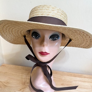 4.5 Inch Brim Italian Straw Boater Hat With Brown Chin Ties /  Classic Wheat Straw Boater Hat With Ties / Natural Soft Straw From Italy