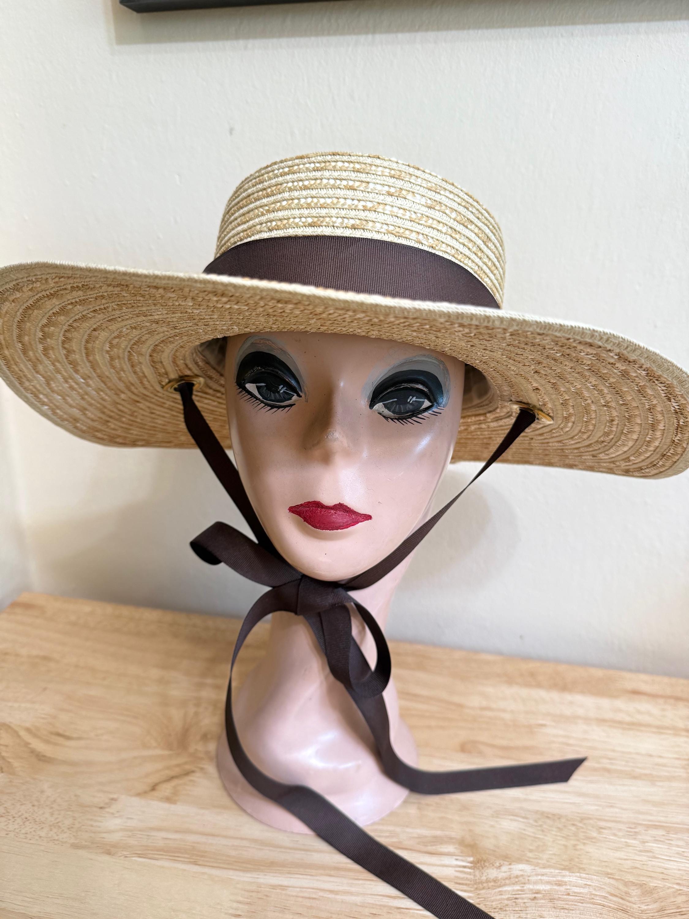 4.5 Inch Brim Italian Straw Boater Hat With Brown Chin Ties  display picture 3