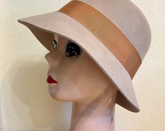 Tan Wool Felt Cloche Hat: Downton Abbey Style, Ribbon Band