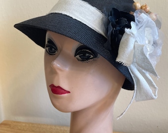 Black Linen Cloche Hat: Cream & Black Silk Roses, Vintage Style