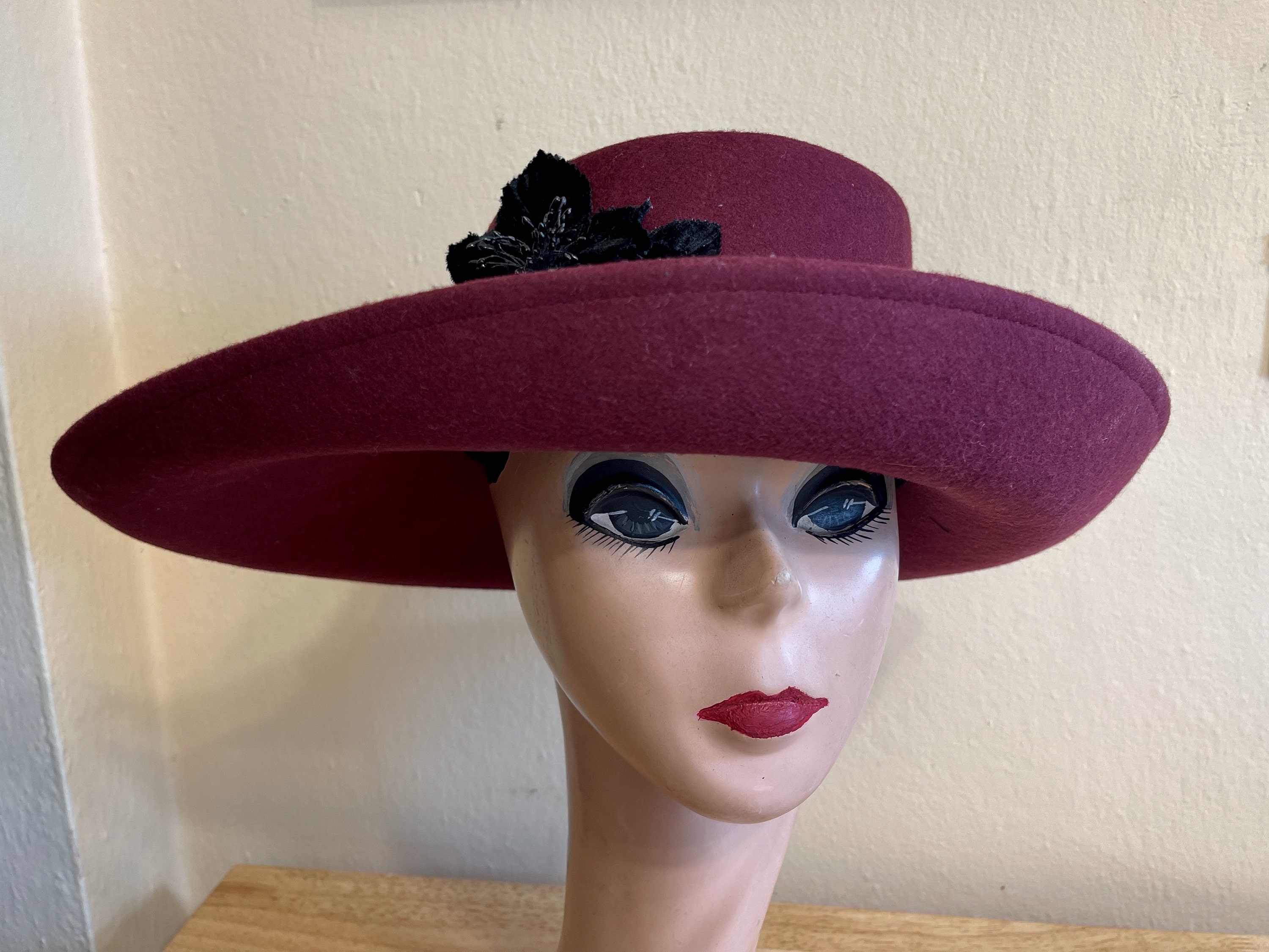 Burgundy Wool Felt Hat: Vintage Black Velvet Flowers, Wide 