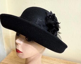 Black Wool Felt Turn Up Stiff Brim Hat With Silk Ribbon & Netting / Formal Felt Hat