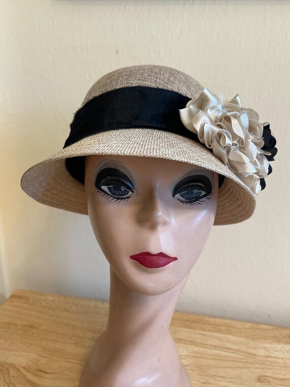 Linen Cloche Hat: Art Deco Satin Flowers, Vintage Velvet Linen Cloche Hat: Art Deco Satin Flowers, Vintage Velvet