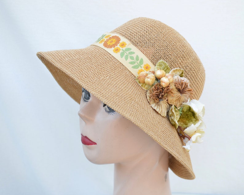 Tan Woven Straw 3 Inch Brim Bucket Hat With Vintage Ribbon And Etsy