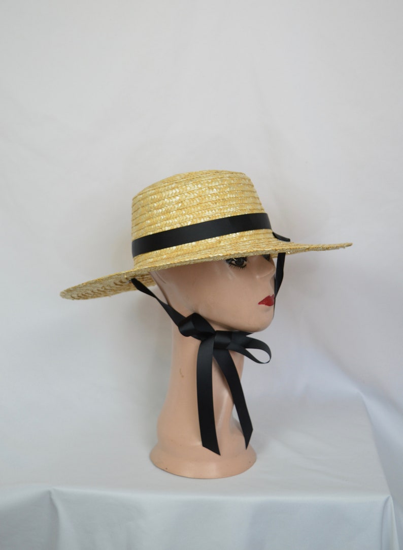 4 Inch Natural Straw Boater Hat With Black Ribbon Band And Tie | Etsy