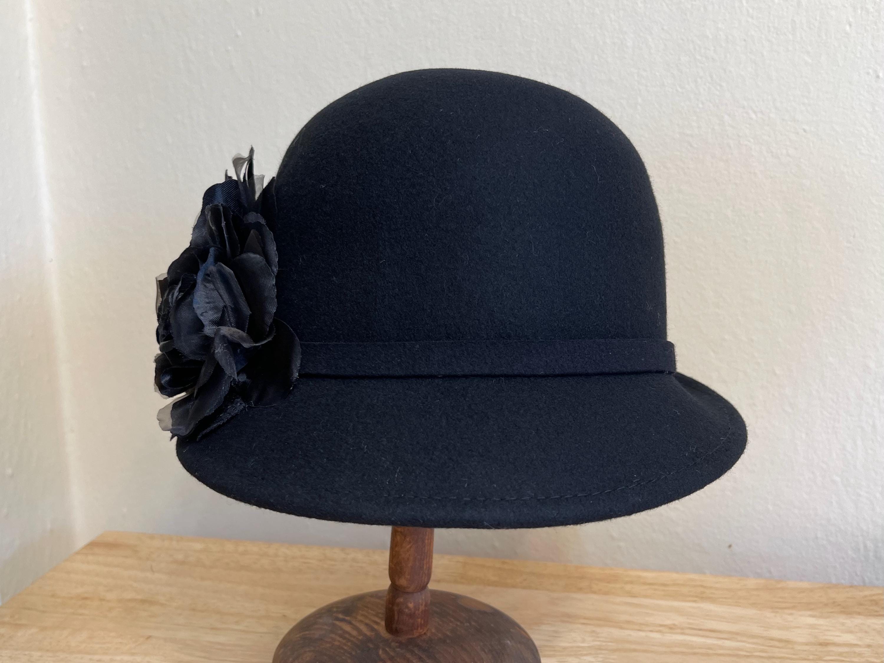 Lancaster Vintage 100% Wool Black Cloche Hat‎ Purple Rose Floral Wide Brim USA Vintage Womens Black 100% Wool Cloche style Hat LANCASTER  main image 3