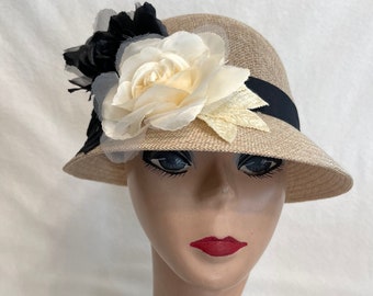 Tan Linen Cloche Hat With Silk Rose Trim / Deco Inspired Flower Trimmed Cloche Hat / Downton Abby Cloche Hat