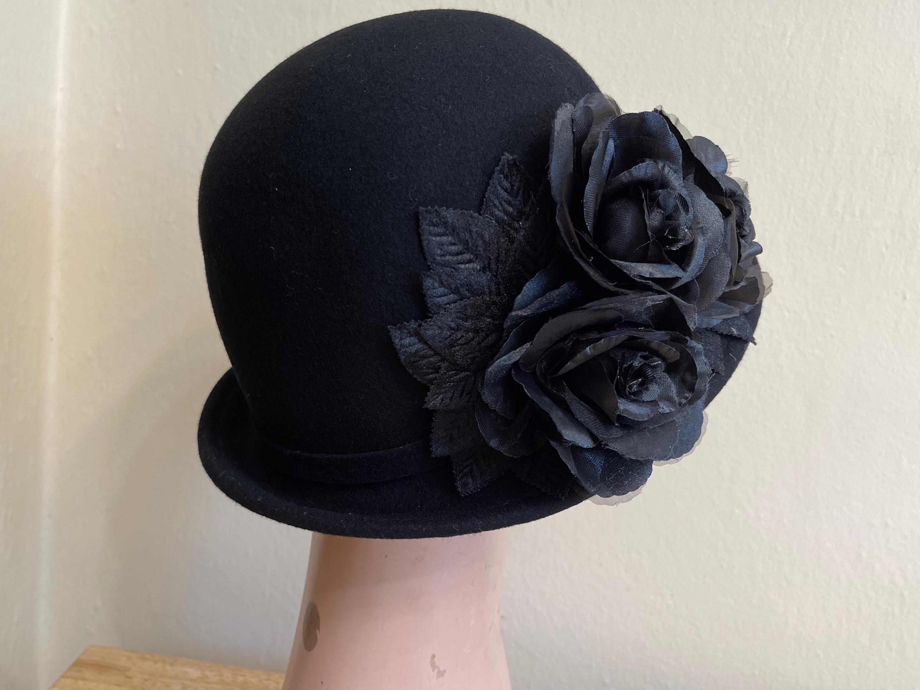 Vintage Importina Black Wide Brim Cloche Hat Flower Detail - 100% Wool Vintage Inspired Black Wool Felt Cloche Hat With Flower - Etsy main image 2