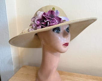 Black Straw Derby Hat: Cream Silk Flowers & Ribbon, 4 Inch  display picture 1